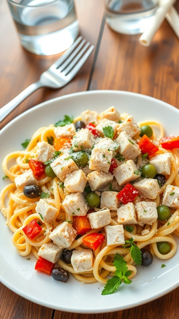 A plate of chicken pasta with mixed vegetables, garnished with herbs and Parmesan cheese.